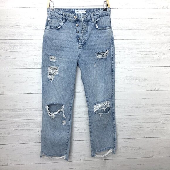 Zara Women's Jeans Straight Leg Button Fly Distressed Light Wash size 4 - Picture 8 of 10